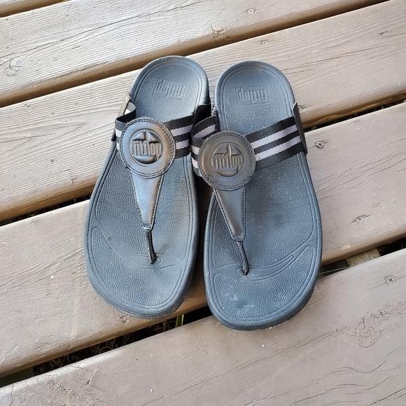 FitFlop Walkstar Black Leather Nylon Flip Flop Toe-Post Wedge Platform Sandals 9 - Picture 5 of 9